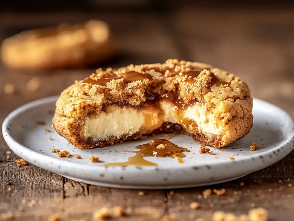 Caramel Cheesecake Cookies, Gooey caramel cheesecake cookie with caramel drizzle