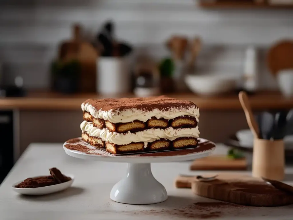 Beautifully layered homemade tiramisu cake topped with cocoa powder
