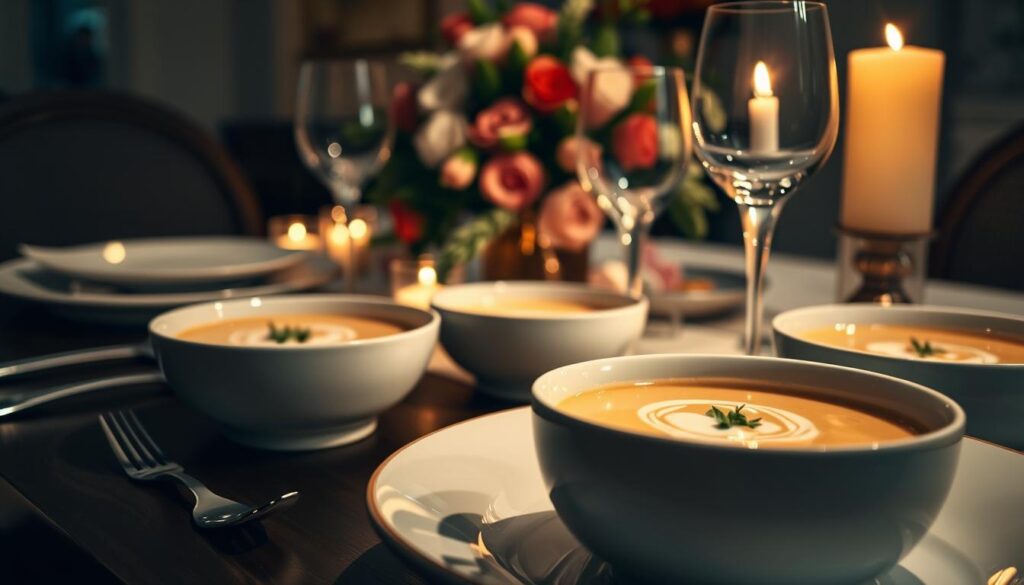 A beautifully arranged romantic dinner table set for two, featuring an elegant bowl of creamy "Marry Me Chicken Soup" at the foreground, garnished with fresh herbs and a swirl of cream. In the middle ground, a pair of delicate china soup bowls, sparkling silverware, and crystal wine glasses catch the soft candlelight. The romantic atmosphere is enhanced by dim, warm lighting that casts gentle shadows. The background features softly blurred decorations, such as glowing candles and a lush floral centerpiece, creating an intimate setting. Shot from a slightly elevated angle, the scene emanates a cozy yet sophisticated vibe, perfect for a romantic evening. The overall mood reflects warmth, love, and culinary delight. A beautifully arranged romantic dinner table set for two, featuring an elegant bowl of creamy "Marry Me Chicken Soup" at the foreground, garnished with fresh herbs and a swirl of cream. In the middle ground, a pair of delicate china soup bowls, sparkling silverware, and crystal wine glasses catch the soft candlelight. The romantic atmosphere is enhanced by dim, warm lighting that casts gentle shadows. The background features softly blurred decorations, such as glowing candles and a lush floral centerpiece, creating an intimate setting. Shot from a slightly elevated angle, the scene emanates a cozy yet sophisticated vibe, perfect for a romantic evening. The overall mood reflects warmth, love, and culinary delight.