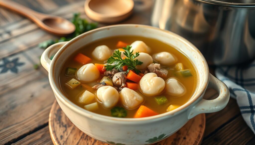A cozy bowl of steaming chicken soup filled with delicate potato gnocchi sits on a rustic wooden table. The gnocchi, plump and soft, float among tender chunks of chicken and vibrant vegetables like carrots and celery. Fresh herbs, such as parsley and thyme, garnish the top, adding a pop of green. Soft, warm lighting casts a golden hue over the scene, enhancing the inviting feel of the soup. In the background, a blurred kitchen setting reveals a wooden spoon and a pot, hinting at the comfort of home cooking. The angle is slightly overhead, capturing the soup's rich textures and inviting colors, evoking warmth, love, and the joy of sharing a delicious meal. A cozy bowl of steaming chicken soup filled with delicate potato gnocchi sits on a rustic wooden table. The gnocchi, plump and soft, float among tender chunks of chicken and vibrant vegetables like carrots and celery. Fresh herbs, such as parsley and thyme, garnish the top, adding a pop of green. Soft, warm lighting casts a golden hue over the scene, enhancing the inviting feel of the soup. In the background, a blurred kitchen setting reveals a wooden spoon and a pot, hinting at the comfort of home cooking. The angle is slightly overhead, capturing the soup's rich textures and inviting colors, evoking warmth, love, and the joy of sharing a delicious meal.